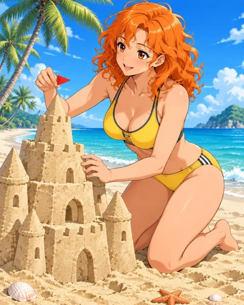 Tavisande, an adult anime companion kneeling on the sand while topping a giant sandcastle with a flag